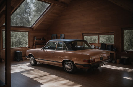 Vintage car in the interior of a wooden house. Retro carの素材