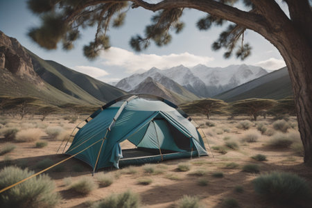Camping tent in the desert with mountains in the background. Toned.の素材