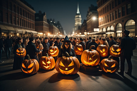 Halloween holiday and celebration concept - group of people with jack o lanterns on city streetの素材