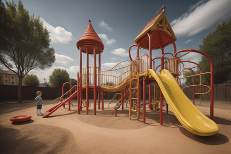 Child playing on a playground in a park. Kids having fun outdoors.の素材