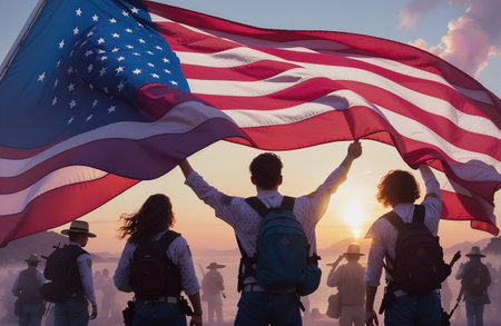 Group of friends with american flag waving in the air at sunsetの素材