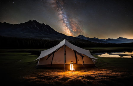 Camping in the mountains at night with starry sky and milky wayの素材