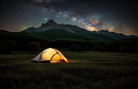 Camping in the mountains at night under the stars and milky wayの素材