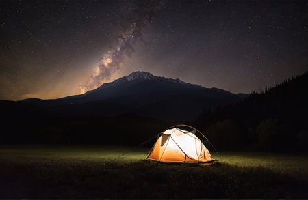 Night camping in the mountains. Camping on the grass under the starry sky.の素材