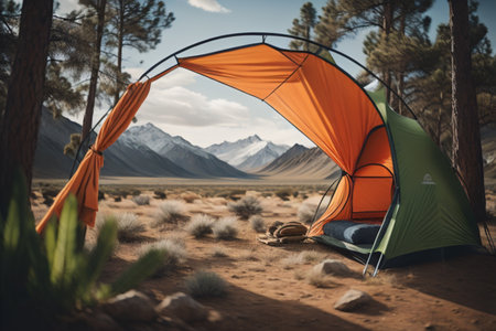 Camping tent in the desert with mountains and blue sky in backgroundの素材