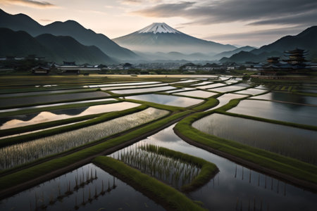 Mt Fuji and rice terraces in the morning, Japan.の素材