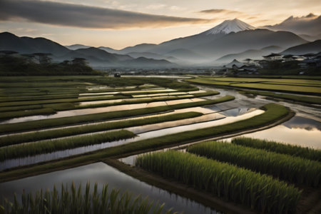Rice terraces and Mt. Fuji in the morning, Japanの素材