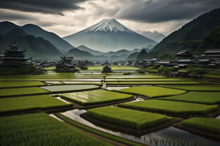 Mt. Fuji and the rice terraces at sunrise, Japanの素材