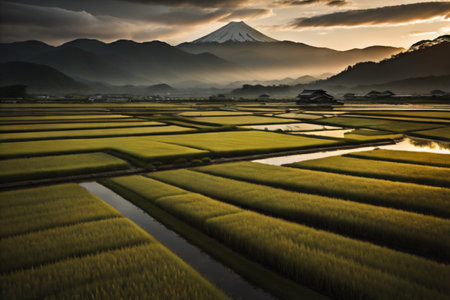 Mt. Fuji and rice fields in the early morning, Japanの素材