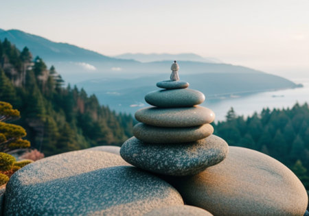 Pyramid of pebbles on a background of mountains. Zen conceptの素材