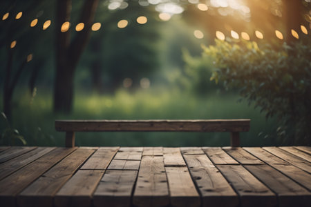 Wooden table and bokeh light in the park, stock photoの素材