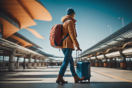 Young woman traveler with a big suitcase on the platform of a railway stationの素材
