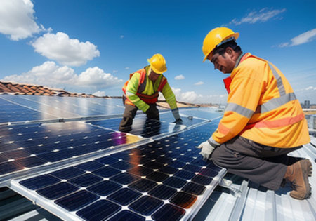 Group of engineers working on photovoltaic solar panels in solar power plantの素材