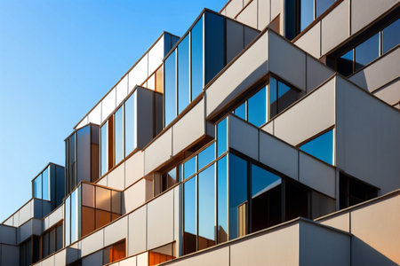 Modern office buildings on a sunny day with a blue sky. Facade of a modern apartment buildingの素材