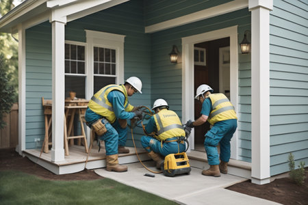 Workers in hardhats and helmets cleaning the backyard of the houseの素材