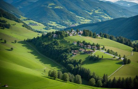 Mountain landscape with small village in the Austrian Alps. View from above.の素材