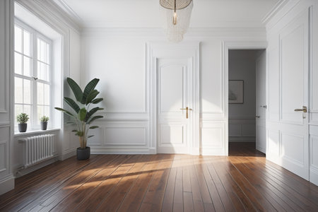 3d render of interior of classic white room with wooden floor.