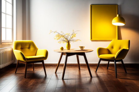 Yellow armchairs and coffee table in modern interior. 3d renderの素材