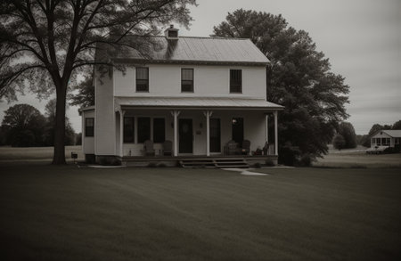 A black and white image of a house in the middle of a field.の素材