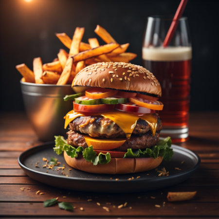 Hamburger with french fries and beer on wooden table, closeupの素材