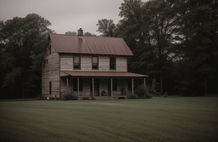 Old house in the middle of a green field with trees in the backgroundの素材