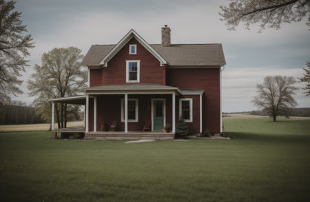 A view of an old house in the middle of a field.の素材