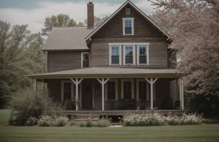 Vintage country house with garden and cherry blossoms in spring.の素材