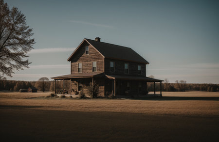 Abandoned wooden house in the middle of a field in the countrysideの素材
