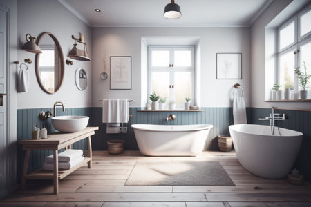 Interior of modern bathroom with blue walls, wooden floor, white bathtub and double sink. Toned image