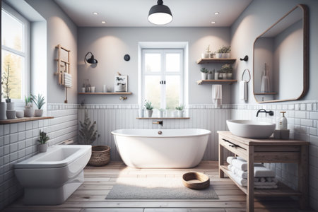 Interior of modern bathroom with white brick walls, wooden floor, comfortable white bathtub standing on wooden countertop and shelves with towels. 3d renderingの素材