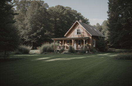 Wooden house in the garden. Vintage style. Toned.の素材