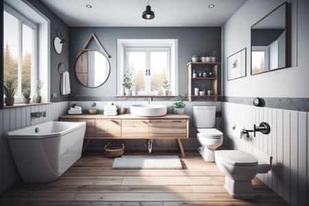 Interior of modern bathroom with gray walls, wooden floor, comfortable white bathtub and mirror above it. 3d renderingの素材