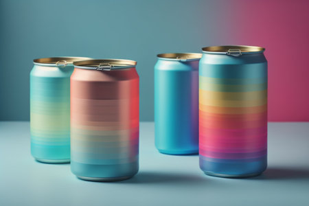 Colorful soda cans on blue and pink background. 3D Renderingの素材