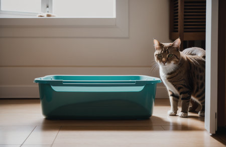 Cute tabby bengal cat in cat litter box.の素材