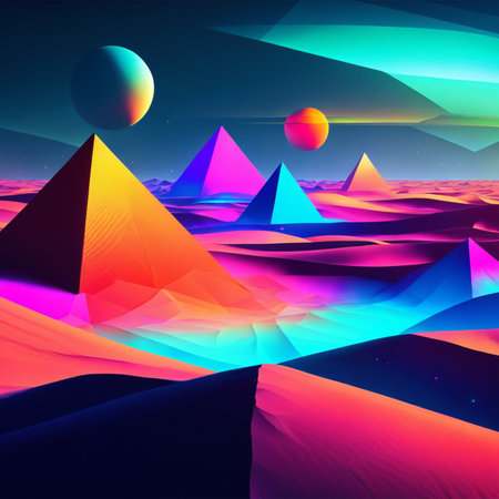Futuristic landscape with 3d pyramids and planets. Vector illustration.の素材