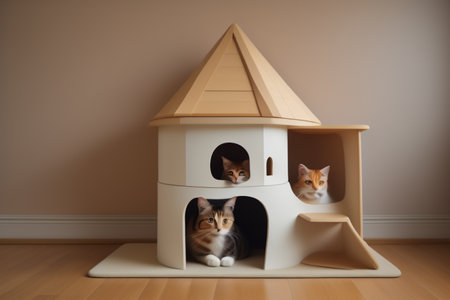 Cat and dog in a toy house on the floor, 3D renderingの素材