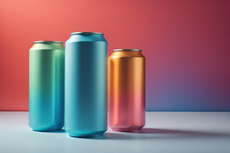 Aluminum cans on colorful gradient background. 3d rendering mock upの素材