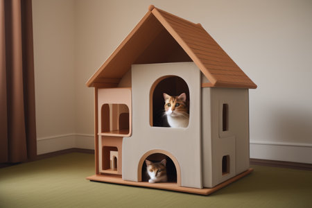Cute cat and dog in a toy house. Pet care conceptの素材