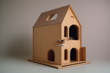 Cute cat sitting in a cat house. 3D rendering.の素材
