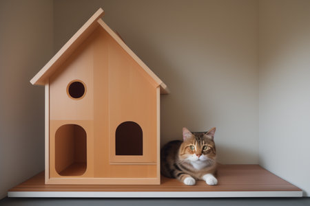 Cute tabby cat sleeping in the cat house, 3d renderingの素材