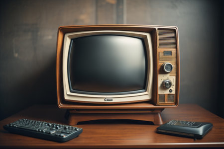 Retro TV on the wooden table. Vintage style toned imageの素材