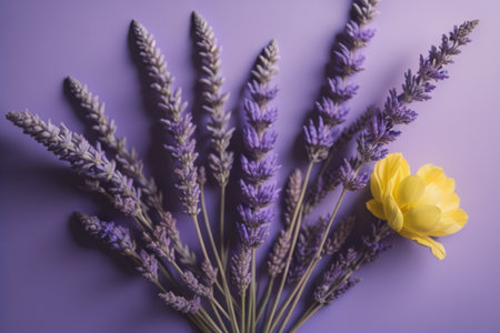 Bouquet of lavender flowers on purple background, top viewの素材