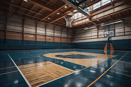 Basketball court with wood floor and basketball hoop in the gym.の素材