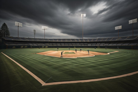 Baseball field with stormy sky and players in the background.の素材