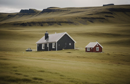 Icelandic landscape with a small house in the middle of the fieldの素材