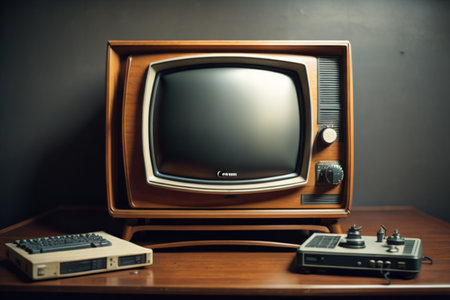 Retro TV set on the wooden table in vintage style. Vintage television.の素材