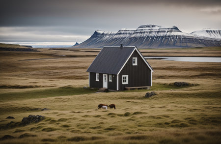 Icelandic landscape with a black wooden house and grazing horses.の素材