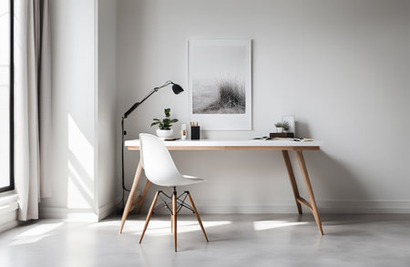 Interior of modern room with wooden table, chair and picture on wallの素材