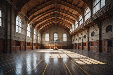 Interior of an old building with large windows and wooden floor.の素材
