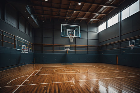 Basketball court with wooden floor and black wall. 3D Renderingの素材